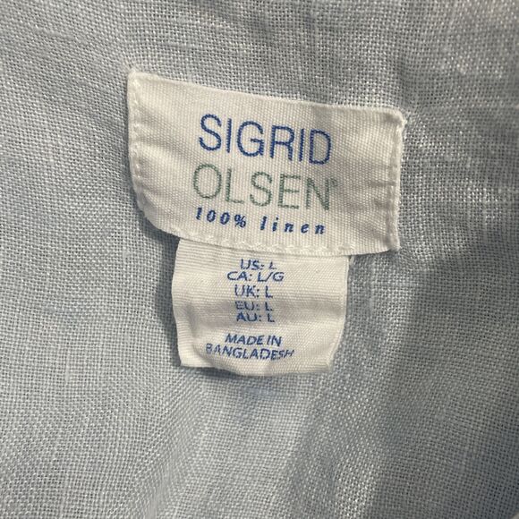 Sigrid Olsen Blue Linen Button Front Shirt Women’s L 3/4 Sleeve Resort Coastal - Picture 5 of 11